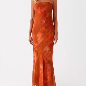 Peppermayo Strapless Floral Dress in Orange and Pink